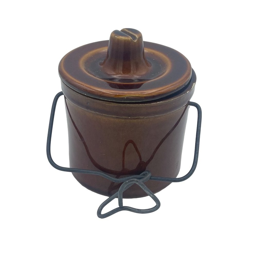 Vintage Brown Stoneware Cheese Crock with Lid and Locking Wire Bail